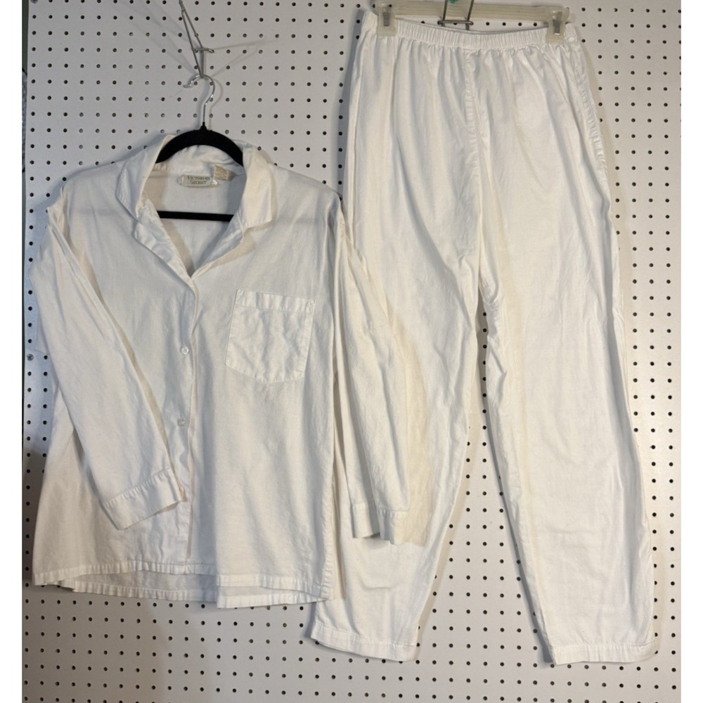 Vintage Victoria's Secret Gold Label Pajama Set Large White Pants Shirt PJ 80's